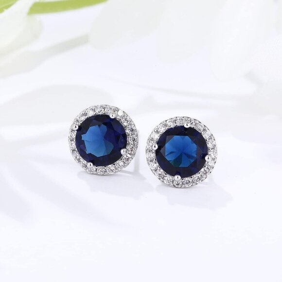 Women's Round Dark Blue Birthstone Elegant Mall Dainty Cubic Zirconia Earring - Picture 3 of 5